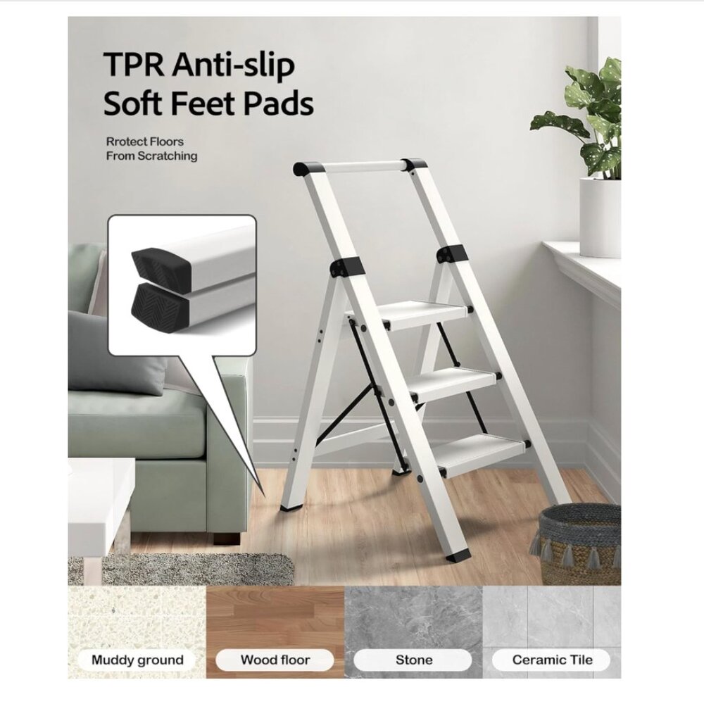 Taranta 3-Step Folding Aluminum Ladder with Handgrip, Anti-Slip Steps, 330 lb